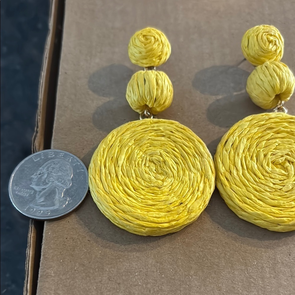 Yellow Textured Earrings Statement Dangle Rafia - Picture 2 of 2